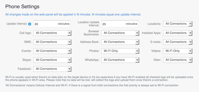 phone settings within eyeZy dashboard